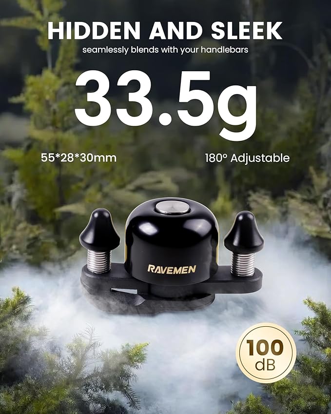 RAVEMEN Q3 Road Bike Bell, Dual-Hammer Copper Alloy Bicycle Bell for Adults Fit Handlebars up to 47mm, Lightweight for Most Grip Positions, Easy Installation