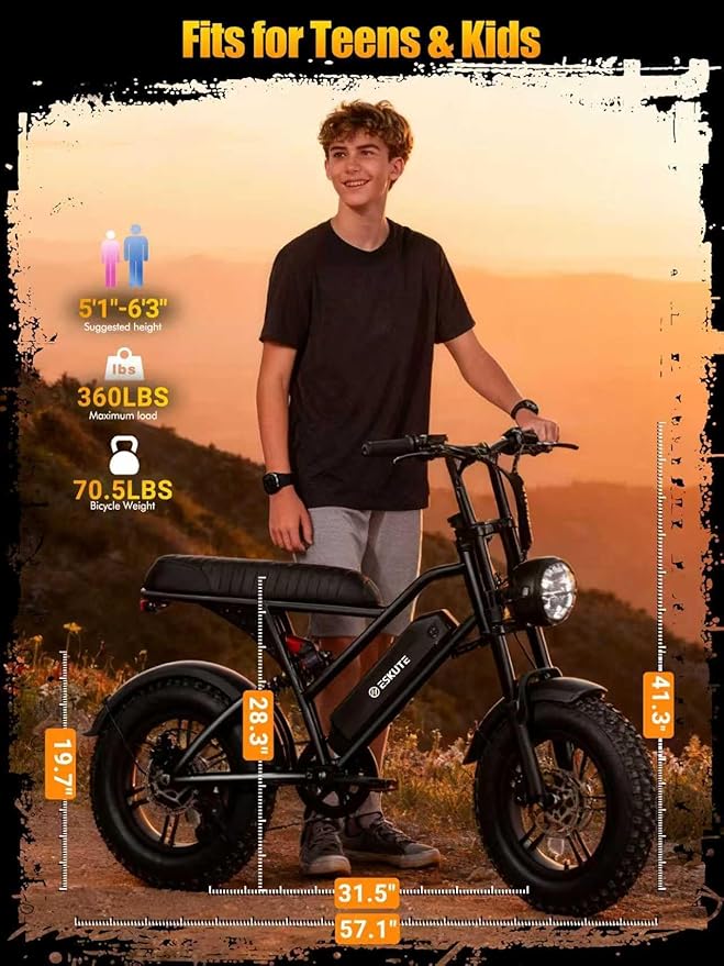 ESKUTE V100 Electric Bike for Adults, Electric Dirt Bike 1500W Peak Motor, All Terrain Dual Suspension E Bike 28MPH Top Speed, Ebike Up to 60 Miles Range, 16" Fat Tire, 48V13Ah Battery, 7-Speed