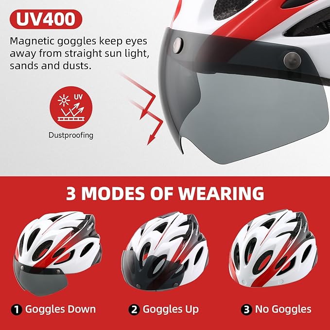 Adult Bike Helmet, Bicycle Helmet with Rear LED Light & Detachable Magnetic Goggles,Cycling Helmet Adjustable for Men Women Mountain & Road
