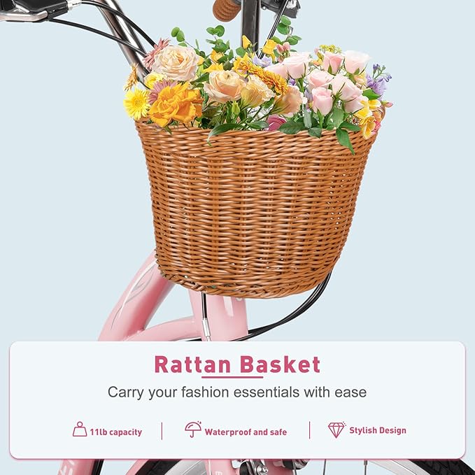 26 Inch Folding Beach Cruiser Bike for Women, 7-Speed Ladies Bike with Basket & Rack, Perfect for City Commuting's Bicycle, Ideal for Women and Adults
