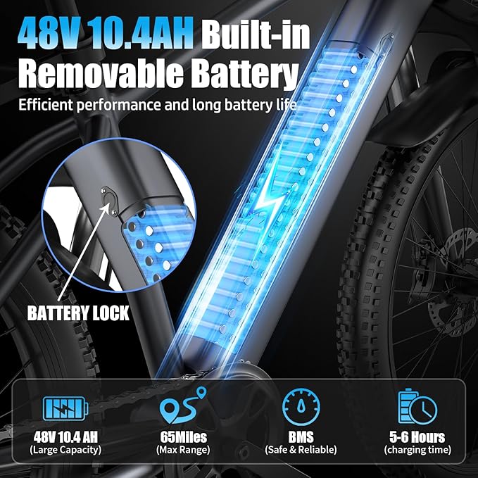 ASKGO Electric Bike for Adults, 1500W Peak Motor, 25Mph, 65Miles, 48V 10AH Removable Battery, 26“ Mountain Ebike with 7-Speed Gear for Beach Snow Commuter