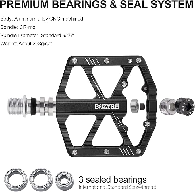 MZYRH Road/Mountain Bike Pedals,Bicycle Pedals with Reflectors,Aluminum Alloy MTB Pedals 3 Sealed Bearings Bicycle Platform Pedals 9/16" BMX Road Bike Pedal