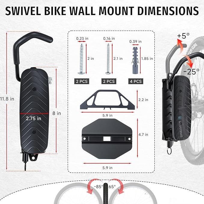 Bike Rack Garage,Bike Wall Mount, 150° Swivel & Space-Saving Vertical Bike Hangers for Storage, Sturdy Bike Stand Holds Up to 66lbs, Easy to Install, 2 Pack