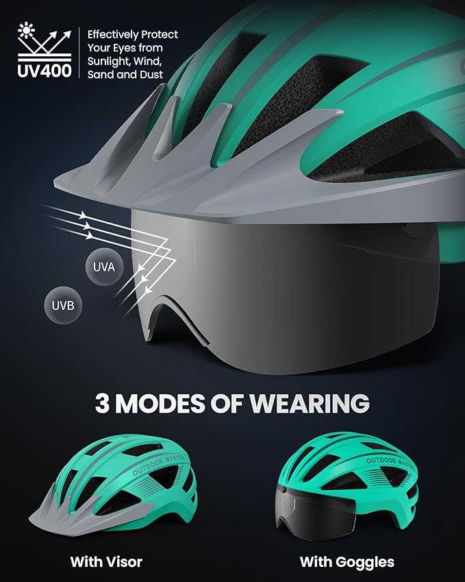 OutdoorMaster Adult Bike Helmet - Bicycle Helmet with Rechargeable Rear LED Light, Detachable Magnetic Goggles, Removable Sun Visor - Suitable for Commuting and Cycling for Men and Women