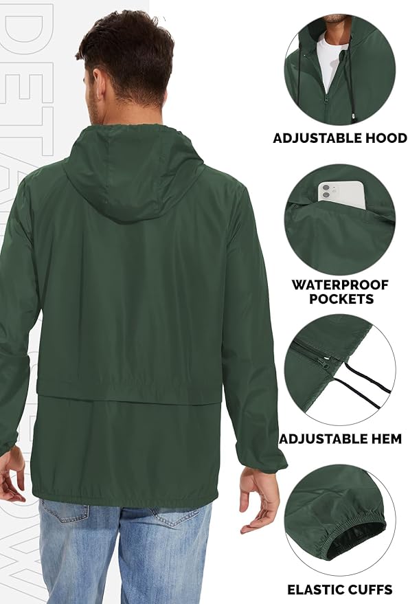 Zando Packable Mens Rain Jacket Lightweight Raincoat Waterproof with Hood Outdoor Windbreaker Jacket Travel Rain Jackets