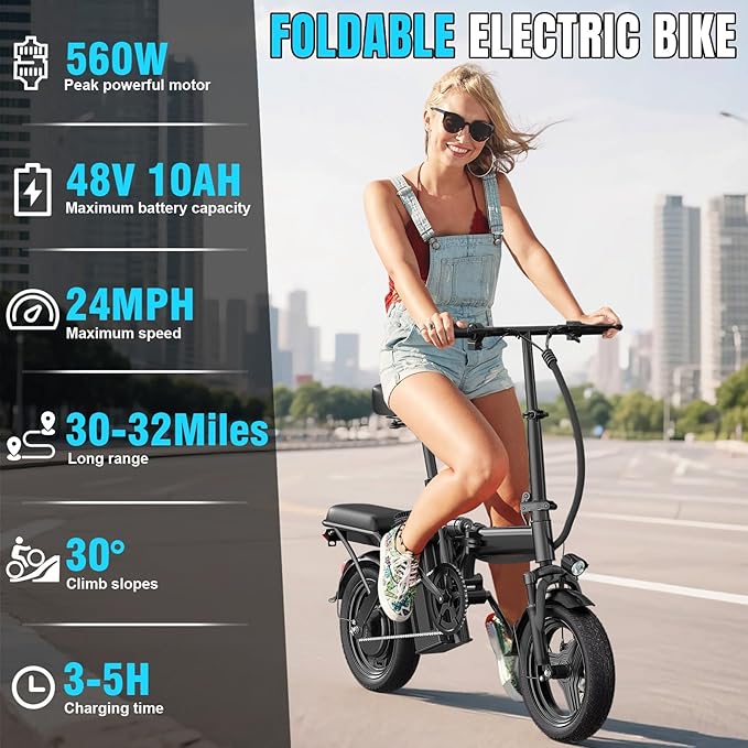 Electric Bike for Adults and Teens, Folding Ebike,Commuter City Foldable E Bike with 560W Motor and 48V 10Ah Battery, 24MPH Speed Pedals Assist, Dual Disc Brakes,14" Compact Electric Bicycle