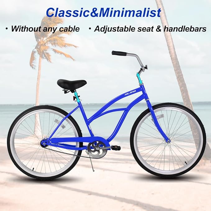 HILAND 26 Inch Womens Beach Cruiser Bike, Single Speed Commuter Bicycle with Rear Coaster Brake, Low Step-Through Frame, Comfortable Seat with Dual Springs, City Hybrid Bike for Women Men Adult