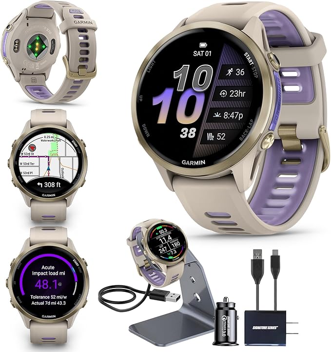 Garmin Forerunner 970 GPS Running Smartwatch, French Gray | Premium Training & Recovery, Sleep Coach, Heart Rate, Download Music, Up to 15 Day Battery | Signature Series Charging Stand Bundle