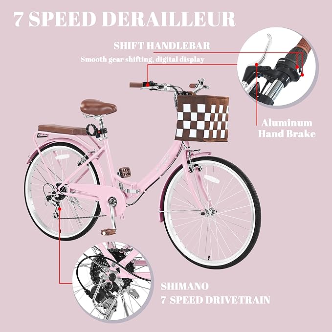 24/26 Inch Foldable Beach Cruiser Bike for Women, 7 Speed Folding Bikes for Adults, Womens City Bike with Basket & Adjustable Seat, Step Through Commute Bikes for Women Adults