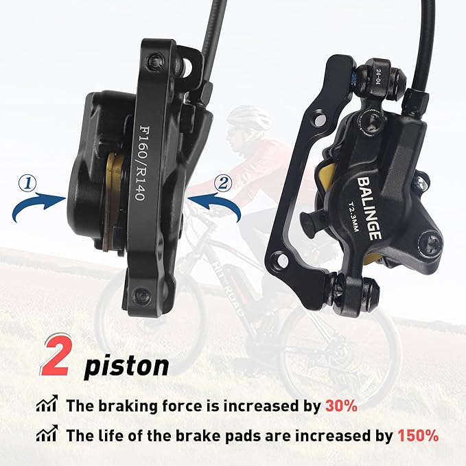 E830-Pro 2-Pin Power-off Connector 2-Pistons E-Bike Electric Power-Off Hydraulic Front/Rear/Set Brake with 160mm 6 bolts Disc Rotor, Hydraulic Disc Brake Caliper Lever for e-Bike, Fat Bike