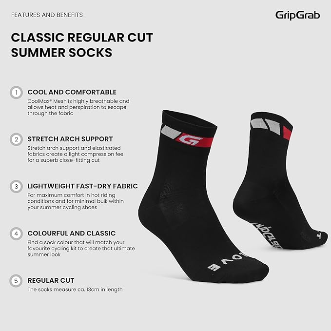 GripGrab Classic Regular Cut Summer Cycling Socks Single & Multipack Coolmax Bicycle Socks for Spinning Indoor Biking