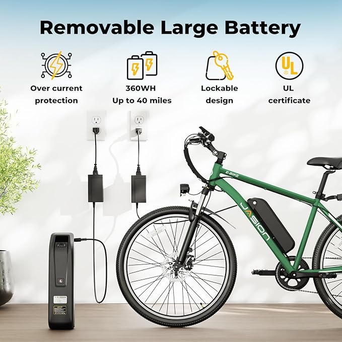 Jasion EB5 Electric Bike for Adults with Peak 1000W Brushless Motor, 40Miles 20MPH Commuting Electric Mountain Bike with 360Wh Removable Battery, 7-Speed, 26" Tires and Front Fork Suspension