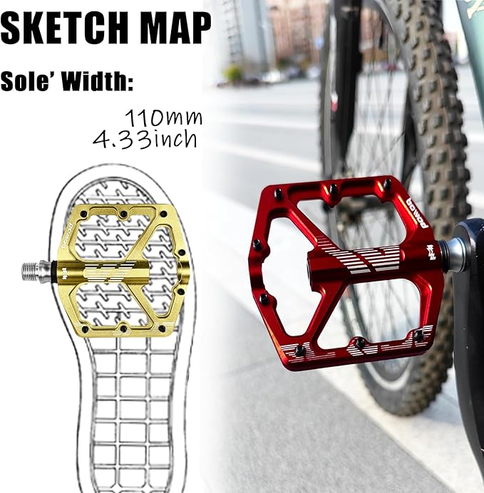 MTB Pedals Flat, Gravel Bike Pedals Flat, Light CNC Aluminum Alloy Platform Pedal w 3 Bearings Cr-Mo Spindle, Grippy Bicycle Pedals w 16pcs Pins, Mountain Bike Pedals Adult Child BMX Bike 9/16"