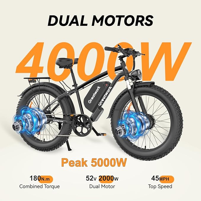 GREATWORK 52V 5000W Peak Dual Motor Electric Bike for Adults, 1300Wh Battery, Up to 45MPH & 100 Miles Range, 26" x 4.0 Fat Tire Electric Dirt Bike with Suspension, Mountain E-Bike for Men Women
