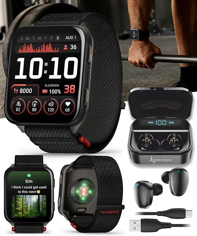 Wearable4U Garmin Venu X1 Thin and Lightweight GPS Smartwatch, AMOLED Display, Black with Slate Titanium Comfort Fit Nylon Band Black Earbuds Bundle