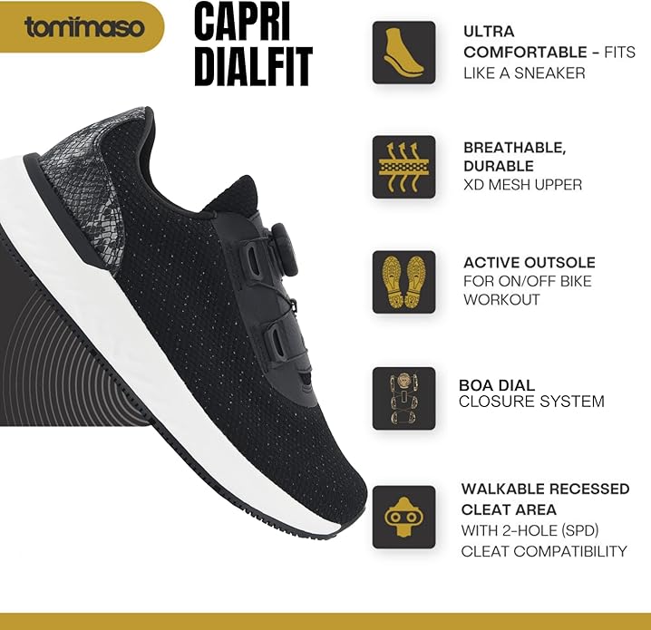 Tommaso Women's Cycling Shoes with Pre-Installed SPD Cleats — Easy to Walk-in Ventilated SPD Cycling Shoes for Women's Spin Classes and Indoor Bikes — Comfortable on Foot and Toebox.