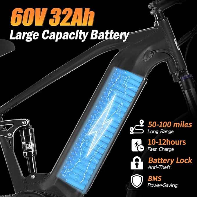 5000w Dual Motor Electric Bicycles, 60V Battery E-Bike with 45 MiIe P-Hour Electric Bike for Adults, 26 Fat Tire Hunting Ebike for All Terrain, Full Suspension Electric Ebike