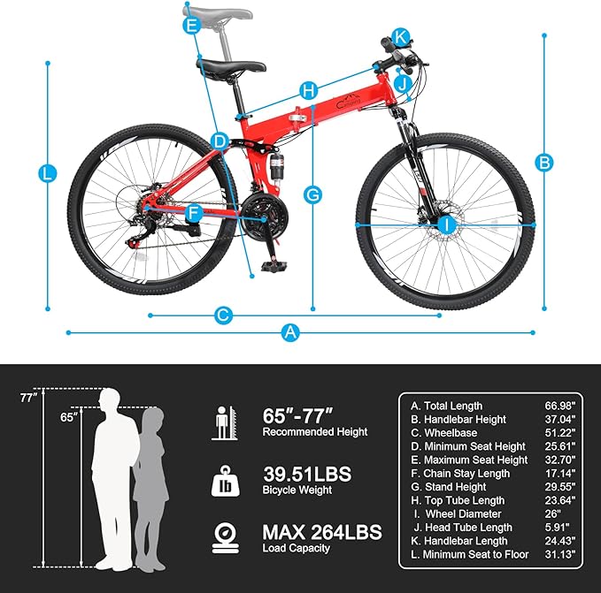 26/27.5 Inch Foldable Bike Folding Bike with 21 Speed, One Touch Folding, Dual Disc Type Brakes, Adjustable Seat, Full Suspension, Folding Bicycle for Men/Women/Senior