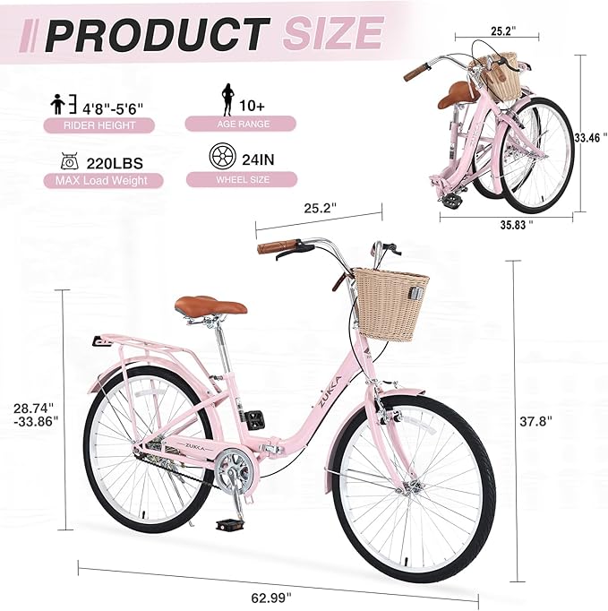 24/26 inch Female Bicycle Single Speed Folding Lady Bike, Durable Steel Frame,Compact Design for Easy Storage and Commuting Multi Color