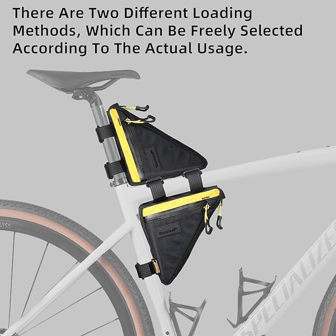 Rhinowalk Bike Frame Triangle Bag, Waterproof Compact Storage Bag with YKK Zippers, Multi-Pocket Design, Doesn’t Rub Legs – 0.9L, Black+Yellow