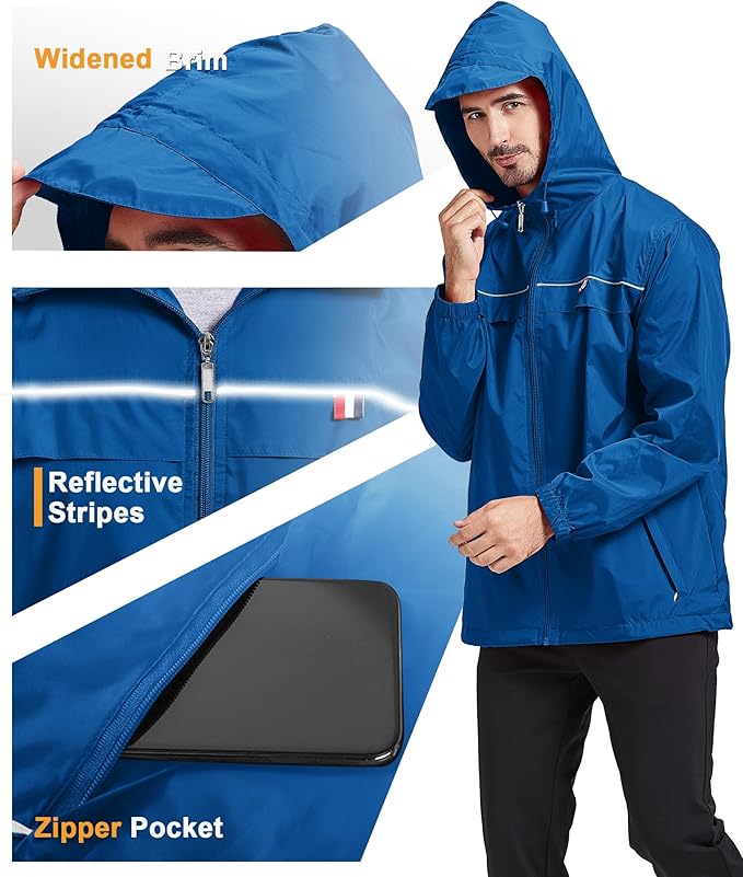 GEEK LIGHTING Rain Jacket Men Lightweight Waterproof Jackets Packable Windbreaker Hooded Raincoat for Golf Cycling Outdoor