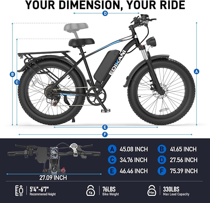 EDIKANI 26" Electric Bike for Adults, Peak 1500W 34MPH Fast E Bike for Men, 100 Miles Fat Tire Ebike for Adults Electric with 864WH/1104WH Removable Battery, UL E Bicycle with Brake Light