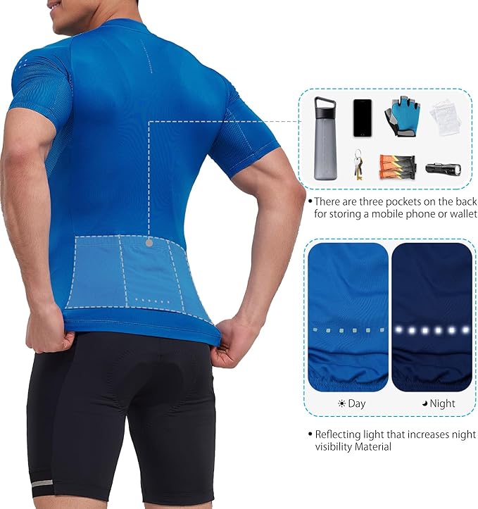 Santic Men's Cycling Jersey Short Sleeve Tops Pro Road Bike Shirt Full Zipper UPF 50+ MTB Jersey with Pockets