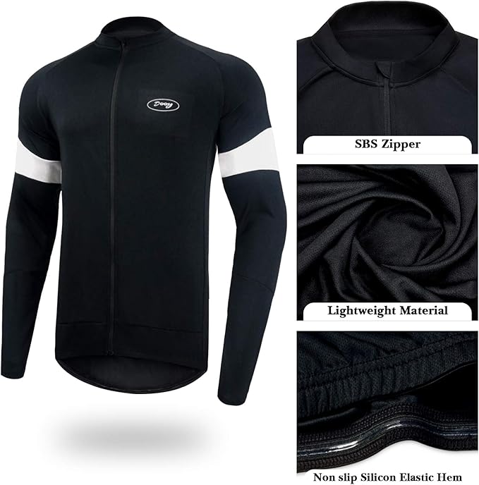 Dooy Men's Cycling Bike Jersey Long Sleeve Full Zipper Biking Shirt with 3 Rear Pockets, Breathable MTB Shirts Basic Series