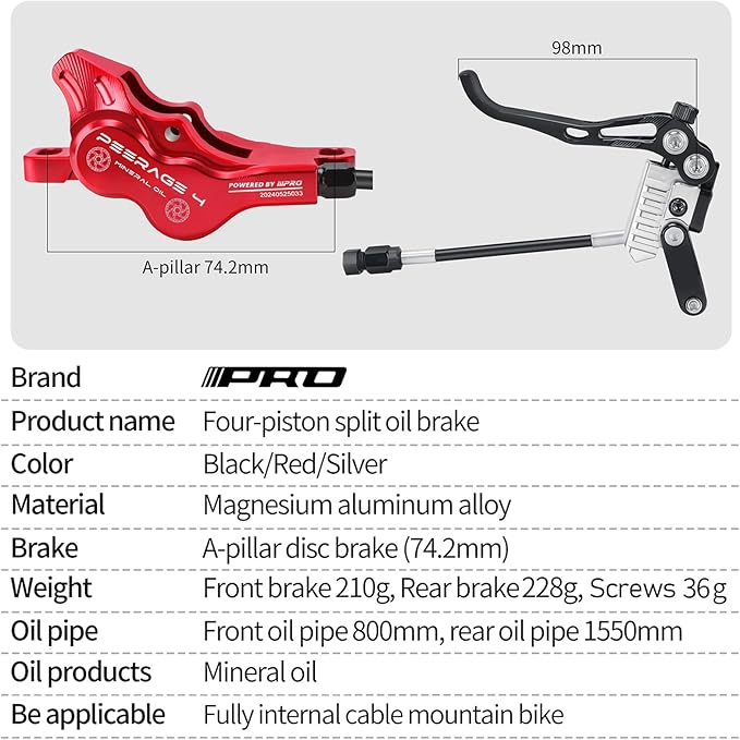 MEROCA IIIPRO E4 Hydraulic Disc Brake Set - 4-Piston MTB Brakes, 641N Braking Force, TUV Certified, Lightweight 475g, for Mountain/E-Bike/Folding Bicycles