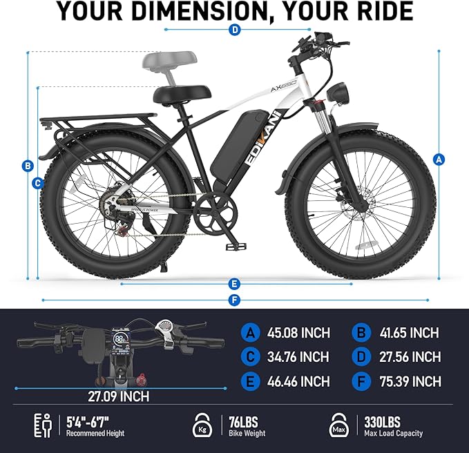 EDIKANI 26" Electric Bike for Adults, Peak 1500W 34MPH Fast E Bike for Men, 100 Miles Fat Tire Ebike for Adults Electric with 864WH/1104WH Removable Battery, UL E Bicycle with Brake Light