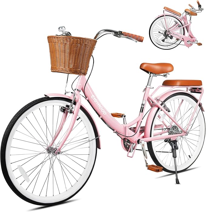 26 Inch Folding Beach Cruiser Bike for Women, 7-Speed Ladies Bike with Basket & Rack, Perfect for City Commuting's Bicycle, Ideal for Women and Adults