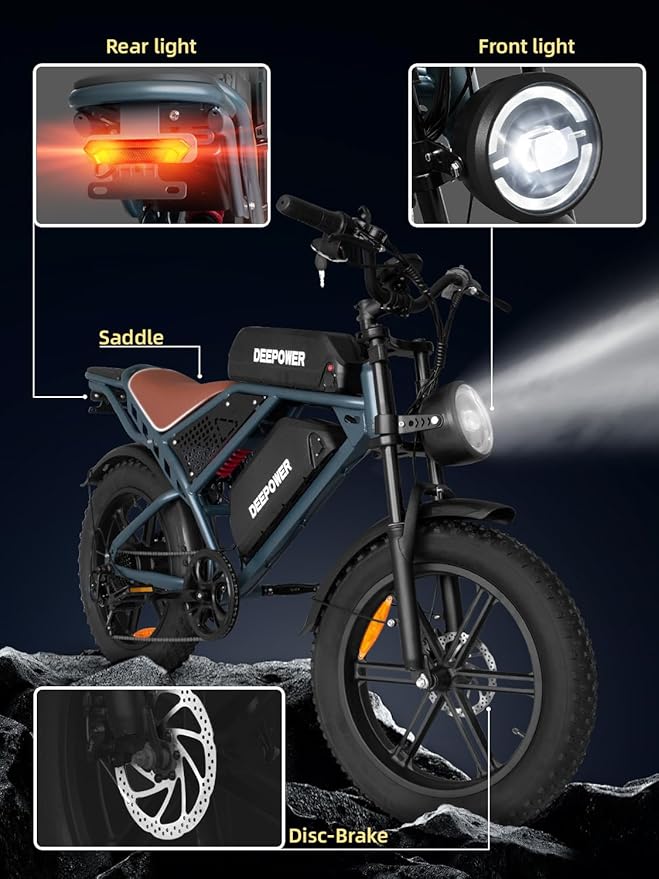 DEEPOWER Electric Bike for Adults,1500W Peak Motor,30MPH Ebike,48V 60AH Battery, 120-180 Miles,20" Fat Tire Electric Dirt Bike, Shaman0 7-Speed Ebikes