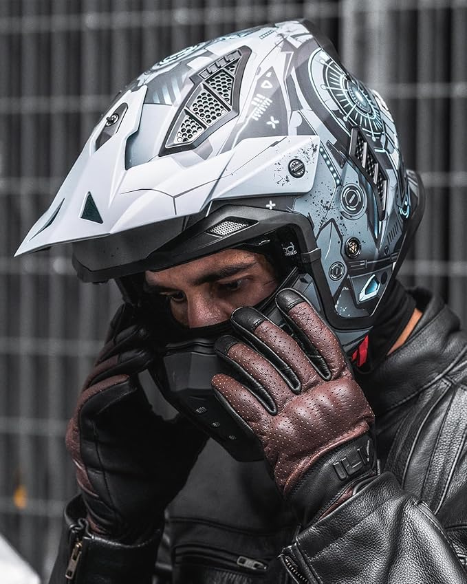 ILM Open Face Motorcycle 3/4 Half Helmet for Men and Women, Vintage Retro Helmet with Visor for Moped ATV Cruiser Scooter DOT Model Z302(Blue Mecha,Medium)