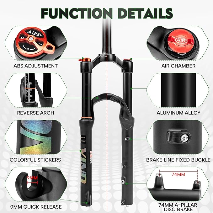 BUCKLOS YINO 24 inch MTB Air Suspension Fork 120mm Travel, QR 9mm/100 * 15mm Thru Axle Disc Brake, 1-1/8" Straight Tube Manual Lockout XC AM Ultralight Mountain Bike Front Forks