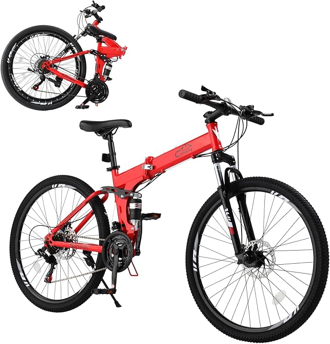 Ktaxon Folding Mountain Bike 21-Speed Adult Bikes 26/27.5 Inch Bike with High Carbon Steel Frame, Double-Kill Disc Brake System, Thickened Shock-Absorbing Front Fork