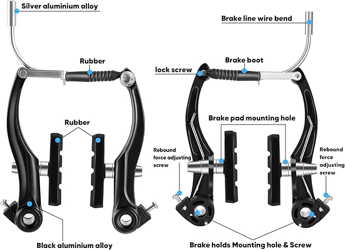 2 Pairs Bike Brakes, Universal Complete V Bike Brakes Set, Mountain Bike Replacement for Most Bicycle,Road Bike Brakes Cables with Front Back Wheels End Caps,End Ferrules -Black