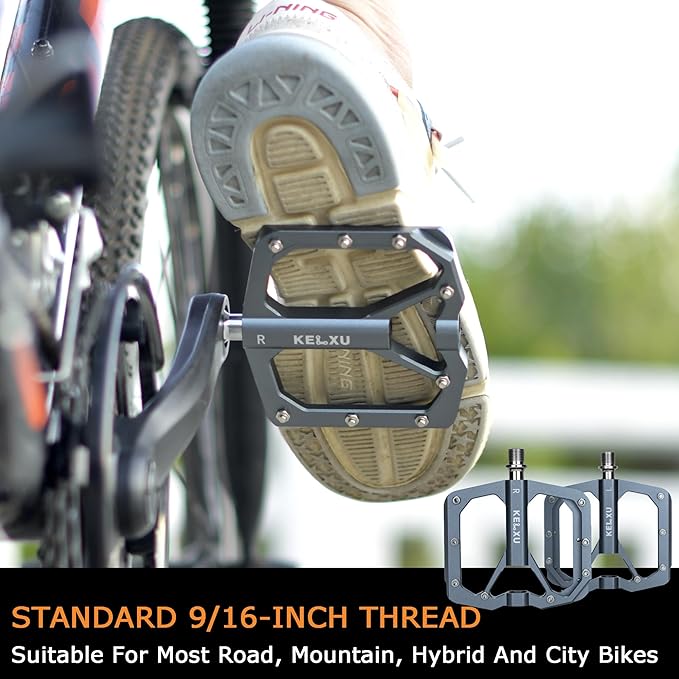 Mountain Bike Pedals 9/16", 3 Sealed Bearings Non-Slip Bicycle Pedals Aluminum CNC Machined Wide Flat Pedals for Road Bike MTB