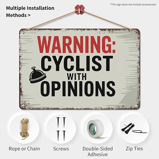 Funny Vintage Signs Posters Warning Cyclist With Opinions Left Bell Cycling Vintage Sign Wall Art for Bedroom Man Cave Garage Office Bar Decor 8X12inch