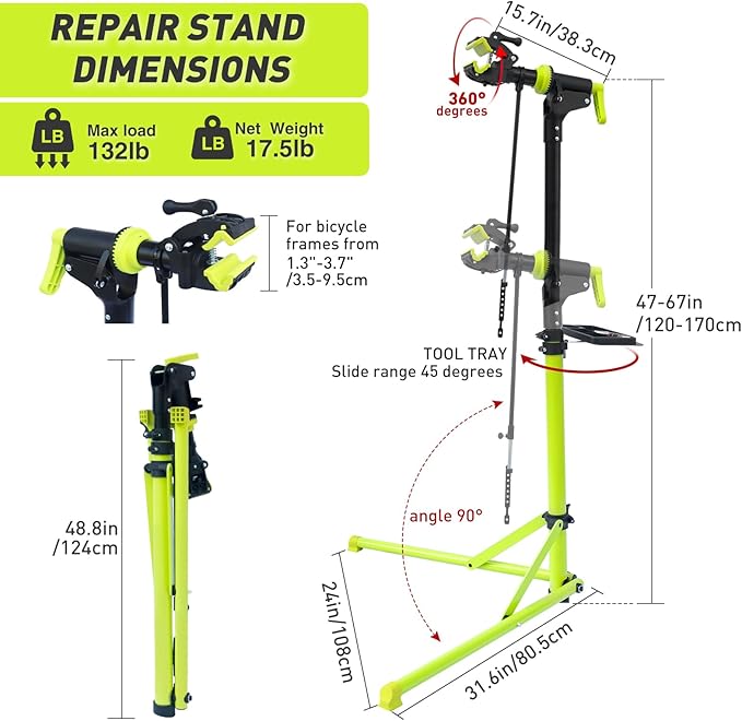E Bike Stand Repair (Max 132 lbs) - Foldable Bike Stand for Maintenance of Road Bike Stand& Mountain Bike Stand,Bicycle Repair Stand for E-bikes with Super-strong Tube,Height Adjustable Portable Bicycle Heavy Duty Mechanics Workstands