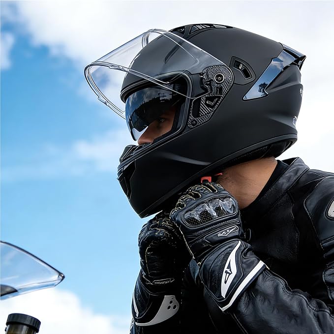 VCOROS Full Face Dual Visor Motorcycle Helmet for Adults Motorbike Street Bike Racing Helmets X9 DOT Approved with Black Visor