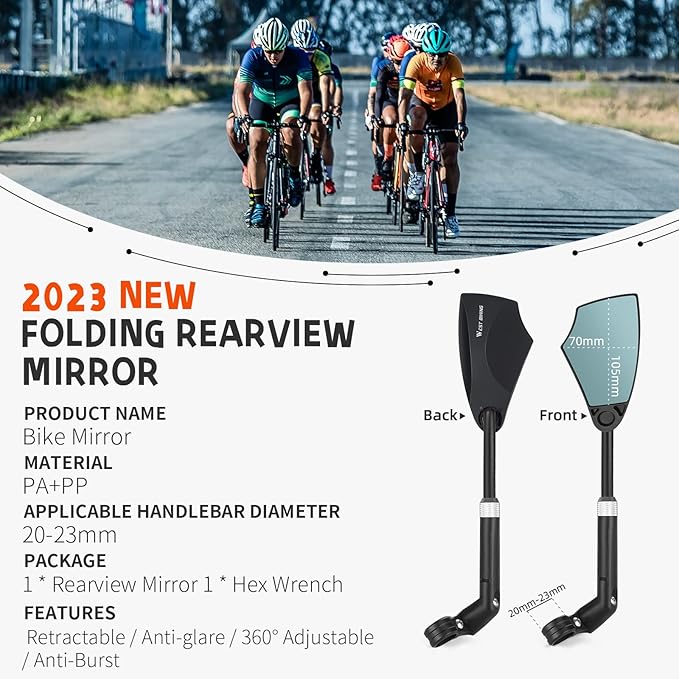 WEST BIKING Anti-Glare Handlebar Bike Mirror - Bike Rear View Mirror With Retractable & 360 ° Adjustable Lens, Foldable Bicycle Mirror For 20-23mm Handlebar(2PCS)