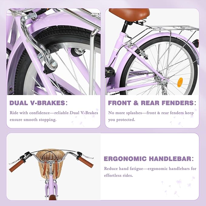 Betterland Beach Cruiser Bike for Women, 24/26 inch Hybrid Bike with Adjustable Seat, Womens Bike with Front Basket and Dual V-Brake, Step Through Comfort Bicycle for City Commuter