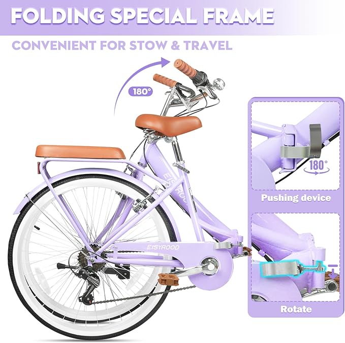 26Inch Foldable Women Bike, Womens Folding Bike with Basket, 7 Speed Beach Cruiser Fodable Bike for Women with Cushion, V-Brakes, Quick Install for Adults, Womens (Purple)
