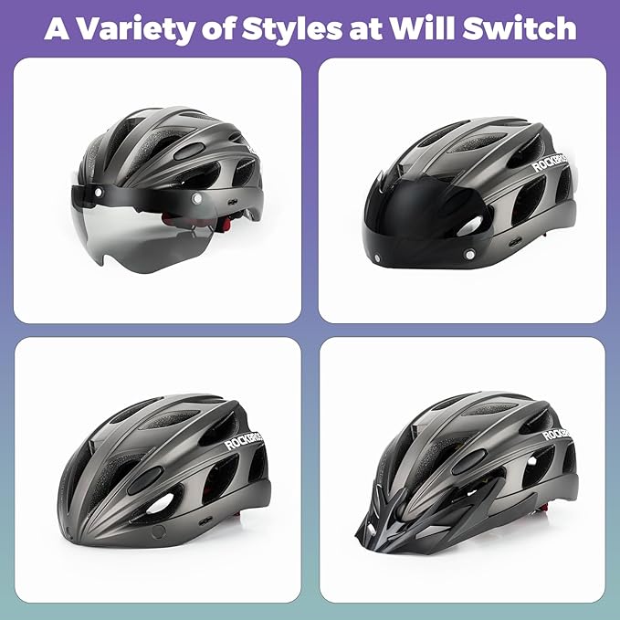 ROCKBROS Bike Helmet for Adult Men Women with Suggested Fit 58-65cm, Detachable Magnetic Goggles & Sun Visor, Lightweight with Adjustable Side and Chin Strap, Suitable for Myopia Glasses