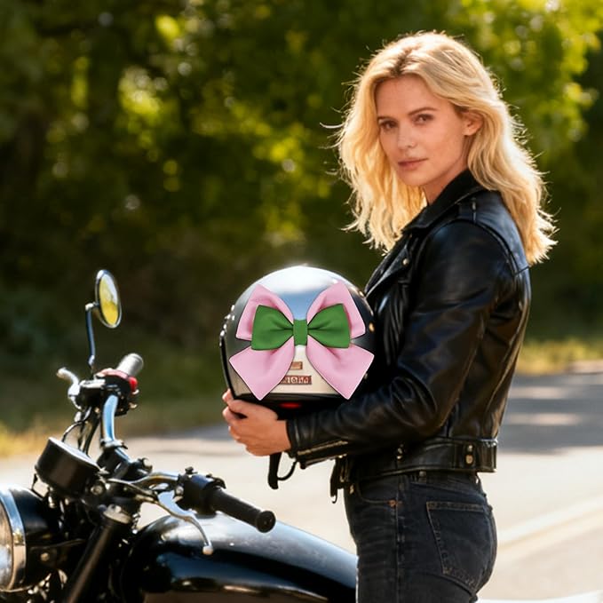 Bow Helmet Accessory, 8.07"x11.22" Stylish Motorcycle Helmet Bow Decoration for Women, Removable Cute Fashion Ribbon Bows Ornament for Motorcycle Scooter E-Bike Helmets (Pink+Green)