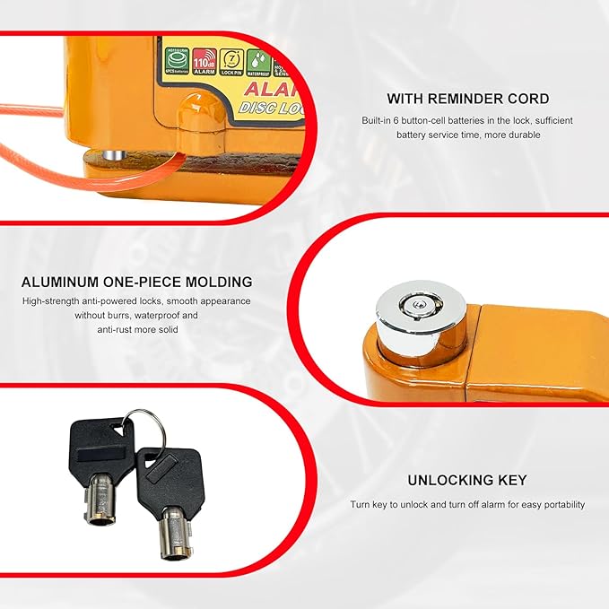 Alarm Disc Lock Set, 110dB Alarm Sound Anti-Theft Security Brake Padlock with 5ft Reminder Cable, Waterproof Battery Powered Disc Brake Lock for Motorcycle Bicycle Scooter (Orange)