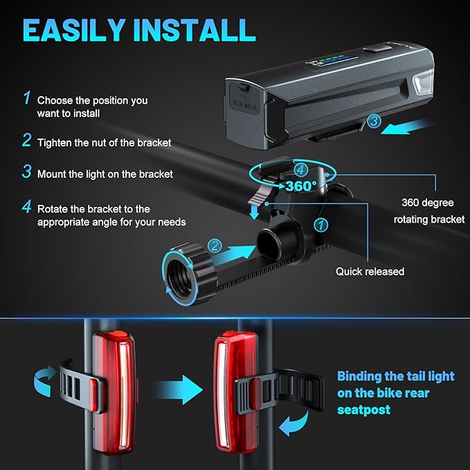Bike Lights USB-C Rechargeable Bicycle Front Headlight and Rear Taillight with 4+5 Light Modes, Waterproof Bike Light Set for Night Riding, Commuter, Road & Mountain Cycling