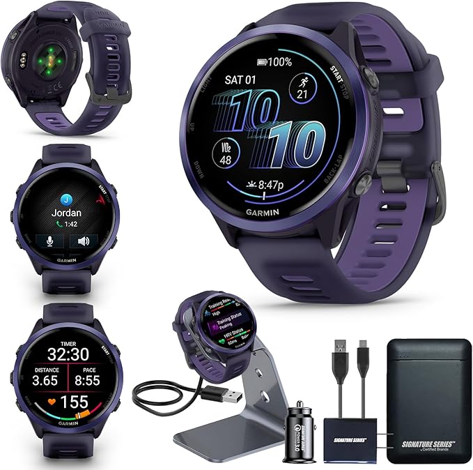 Garmin Forerunner 570 47mm GPS Running Smartwatch, Indigo | Advanced Training & Recovery, Sleep Coach, Heart Rate, Download Music, Up to 11 Day Battery | Signature Series Power Bundle