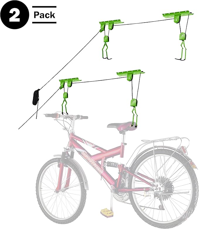 Bike Hanger Set - Set of 2 Overhead Pulley System Bike Hangers for Garage or Shed with 100lb Capacity for Bicycles or Ladders by Rad Sportz (Green)