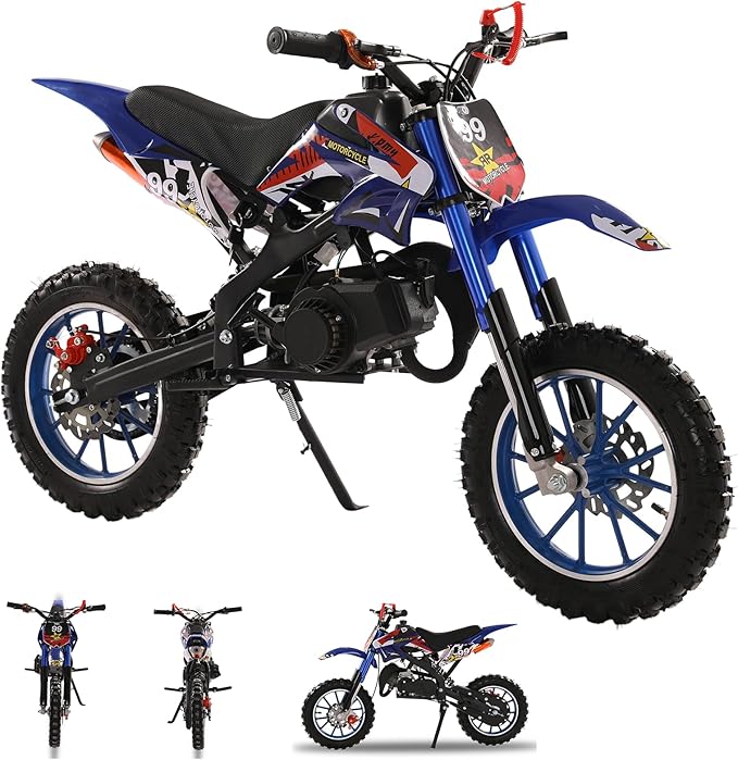 49cc Kids Dirt Bike,2-Stroke Children Moto Gas Powered Motorcycle Off Road Mini Bike Beach Vehicle with Front Rear Disc Brakes Pull Start for Boys & Girls Ages 8-14 Gifts Blue